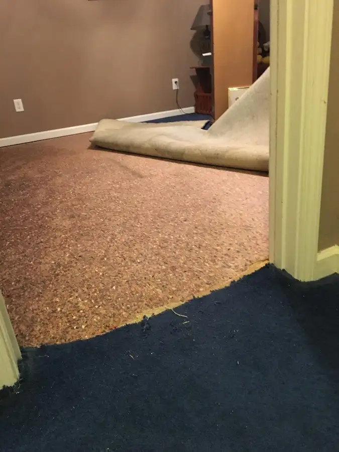 Carpet pad removal revealing water damage during Water Mitigation Services in Wonder Lake